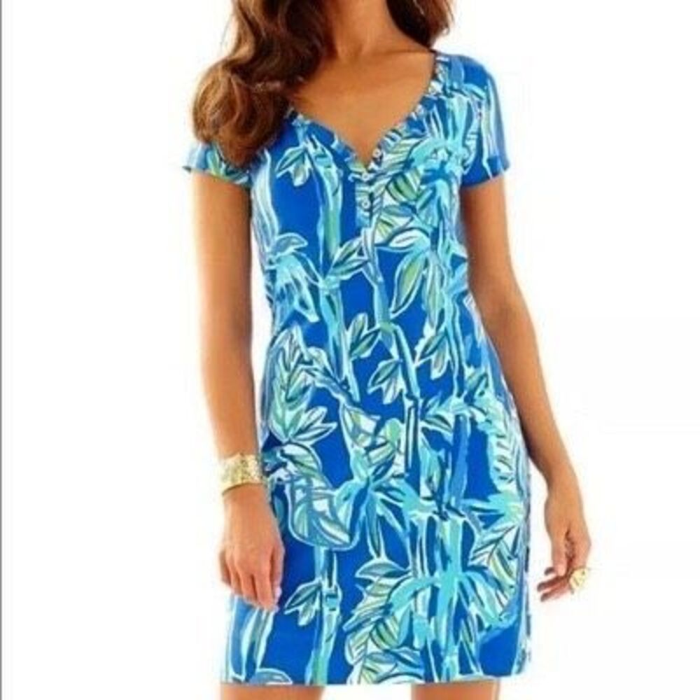 Lilly Pulitzer Palmira Dress Blue Crush Bamboo Short Sleeve Cotton Dress Size XS